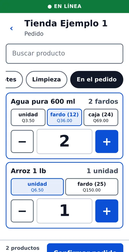 Pantalla de pedido del vendedor: producto, presentación y cantidades con botones grandes