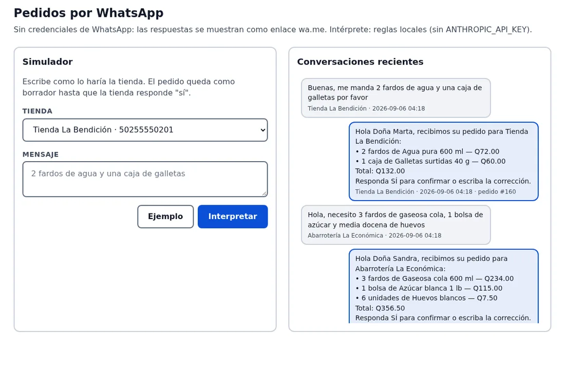 Simulador de pedidos por WhatsApp: la tienda escribe y Ruta responde con el pedido interpretado